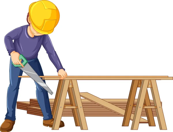 Construction Worker Cutting Wood Illustration — Stock Vector