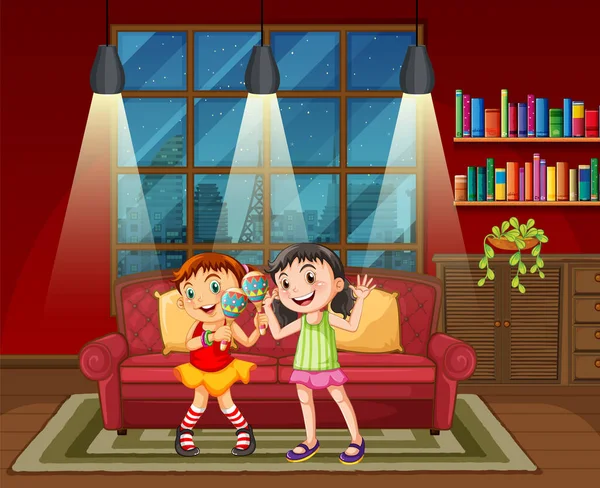 House Scene Two Girls Playing Music Illustration — Stockvektor