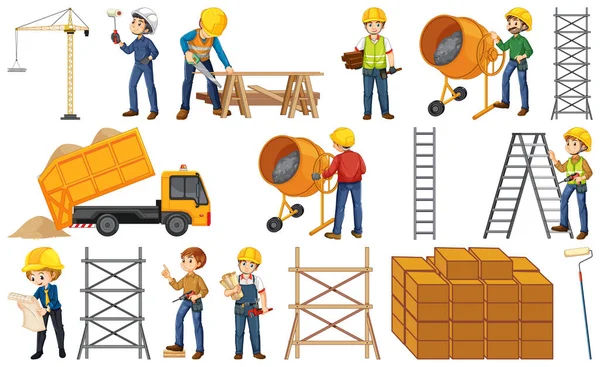 Set Construction Site Objects Workers Illustration — Stock Vector
