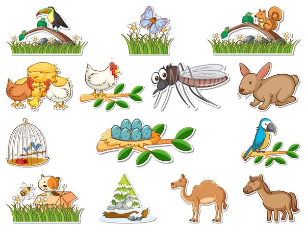 Sticker Set Cartoon Wild Animals Illustration — Stockvector