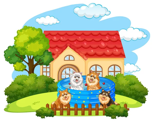 Many Dogs Playing Doghouse Illustration — Stock Vector