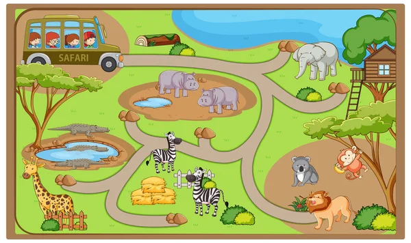 Modello Gioco Con Molti Animali Nello Zoo Illustrazione — Vettoriale Stock