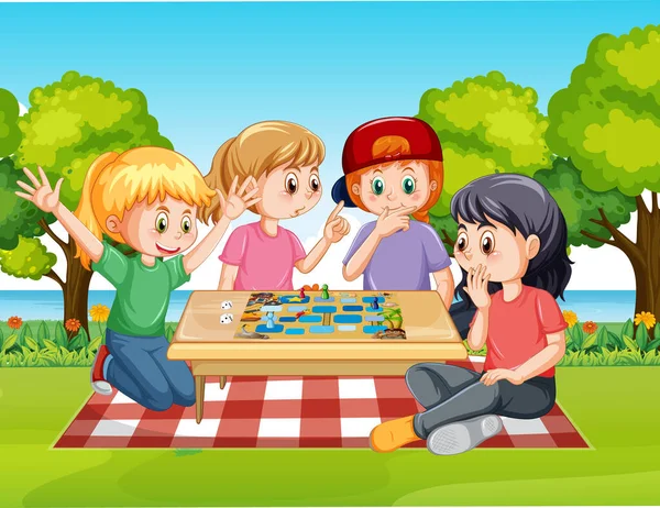 Happy Kids Playing Boardgame Park Illustration — Stock Vector
