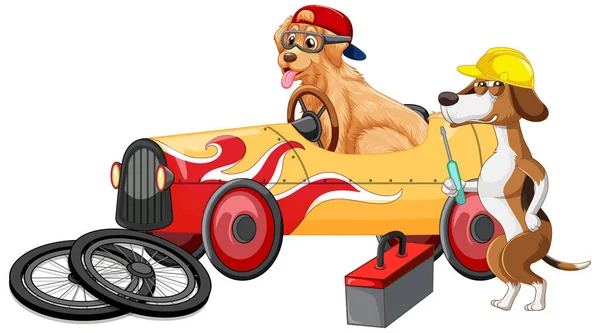 Dogs Driving Car Dog Fix Car White Background Illustration — 스톡 벡터
