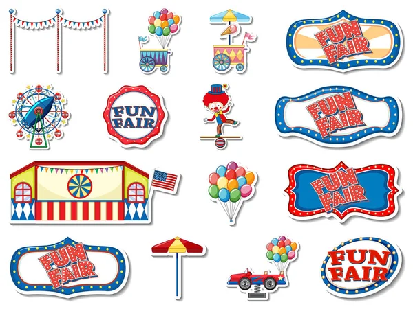 Sticker Set Amusement Park Fun Fair Objects Illustration — Stock Vector