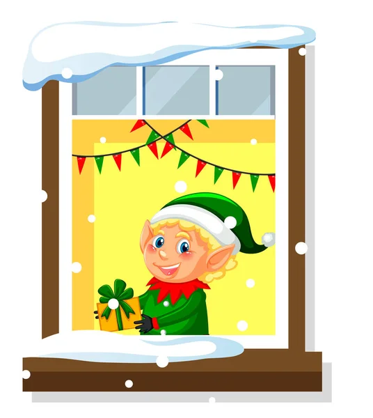 View Window Christmas Elf Illustration — ストックベクタ