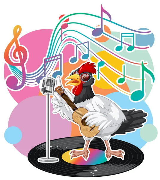 Cantante Dibujos Animados Pollo Con Música Melodía Símbolos Ilustración — Archivo Imágenes Vectoriales