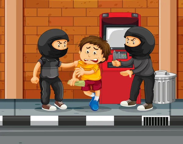 Atm Scene Met Een Jongen Bedreigd Door Twee Rovers Illustratie — Stockvector