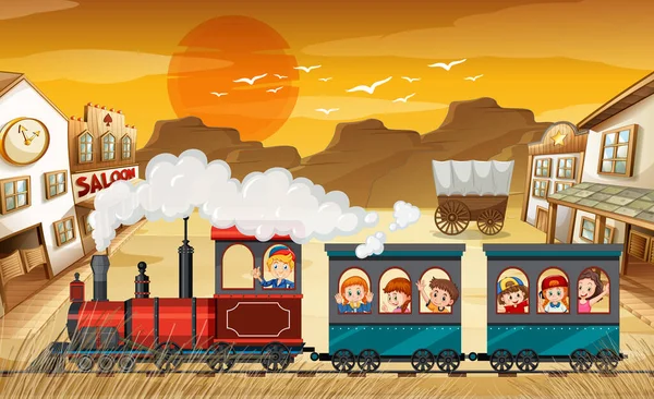 Voyage Train Avec Des Enfants Coucher Soleil Illustration — Image vectorielle