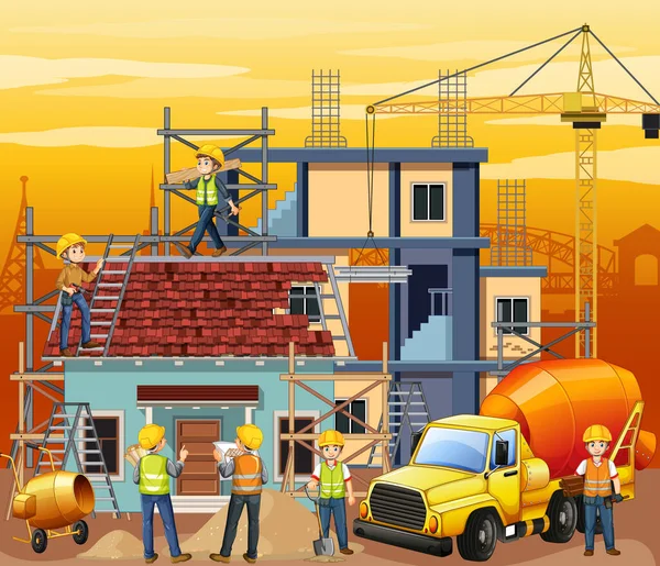 Local Construção Com Ilustração Dos Trabalhadores — Vetor de Stock