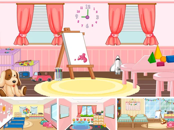 Set Different Kindergarten Classroom Scenes Illustration — Stockvector