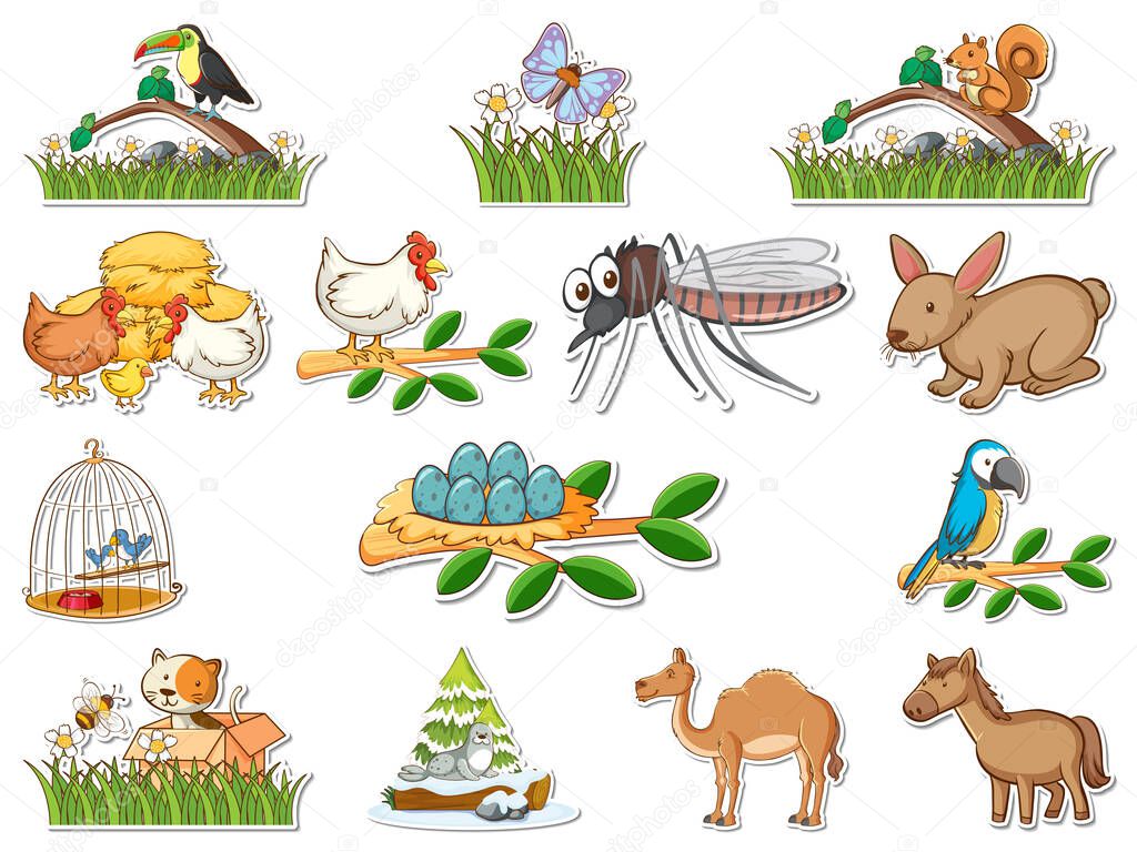 Sticker set of cartoon wild animals illustration