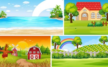 Four scene with house and barn illustration