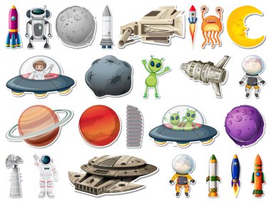 Dış uzay nesneleri ve astronotların çizimlerinin çıkartması