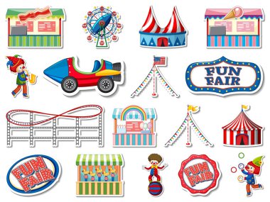 Eğlence parkı çıkartması ve eğlenceli nesneler çizimi