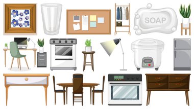 Furniture and household appliances on white background illustration