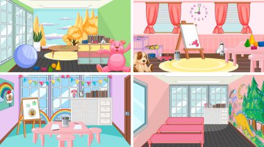 Set of different kindergarten classroom scenes illustration