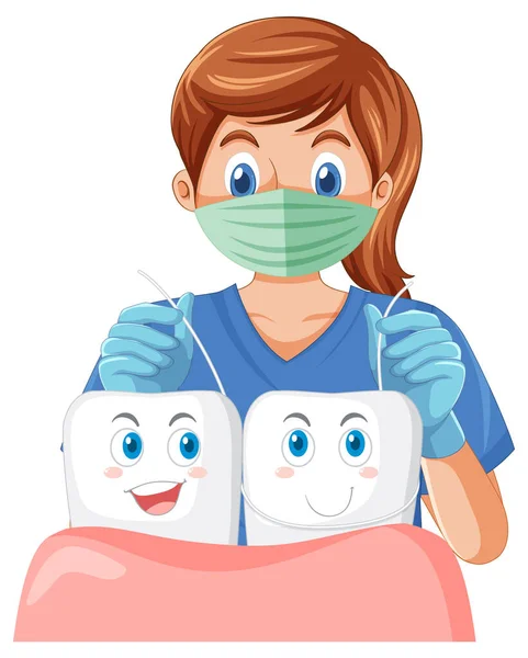 Zubař Leští Zuby Pomocí Zubní Nitě Ilustrace — Stockový vektor