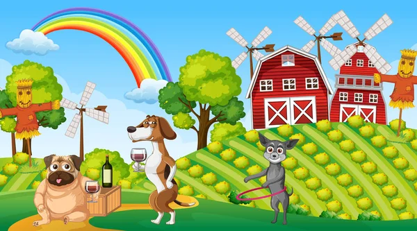 Outdoor Farm Scene Cartoon Dogs Illustration — Vector de stock