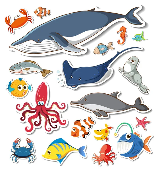 Sticker Pack Different Sea Animals Illustration — ストックベクタ