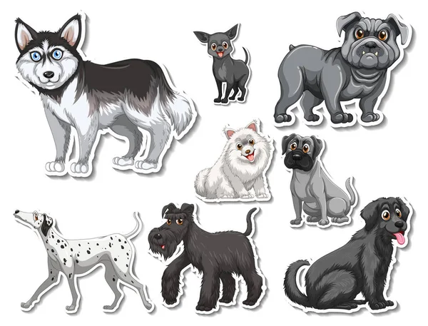 Sticker Set Different Dogs Cartoon Illustration — Vetor de Stock