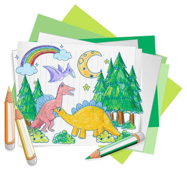 Kids Hand Drawn Doodle Dinosaurs Illustration — Stock Vector