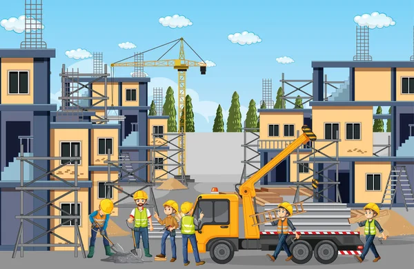 Construção Canteiro Obras Com Trabalhadores Ilustração — Vetor de Stock