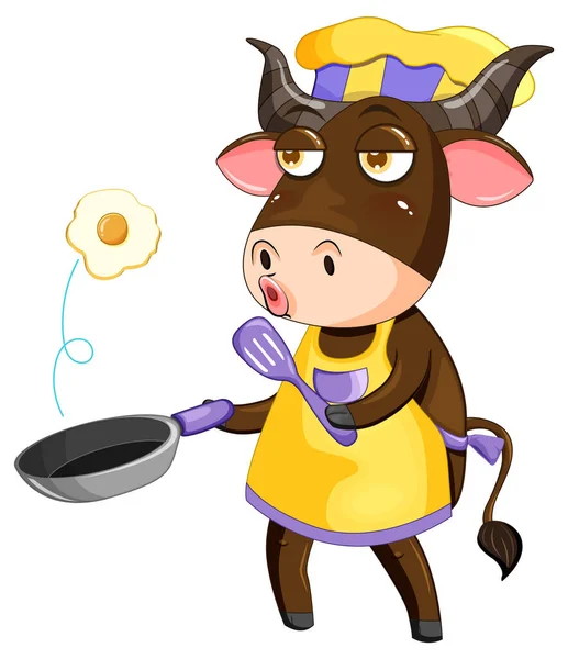 Buffalo Cartoon Figur Kochen Frühstück Illustration — Stockvektor