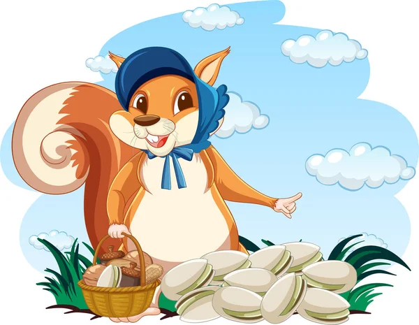 Cute Squirrel Basket Full Nuts Illustration — Stock Vector