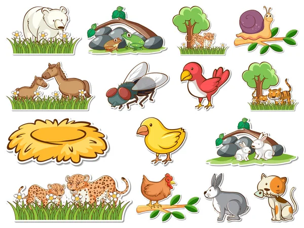 Sticker Set Cartoon Wild Animals Illustration — Vetor de Stock