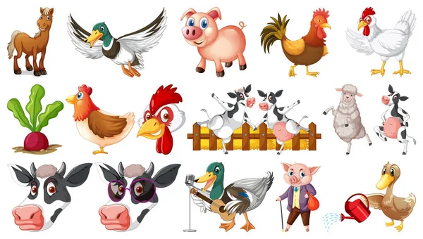 Many Farm Animals White Background Illustration — Stock Vector