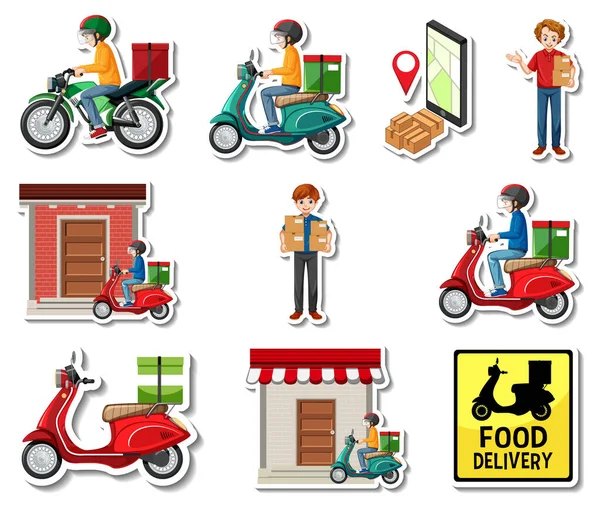 Sticker Set Delivery Objects Cartoon Characters Illustration — Image vectorielle