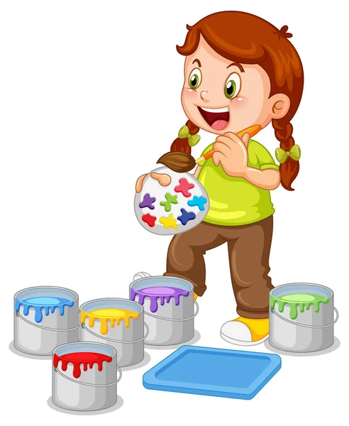 Little Girl Buckets Paints Illustration — Vector de stock