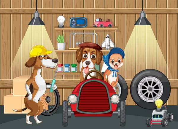 Psi Opravuje Auto Garáži Ilustrace — Stockový vektor
