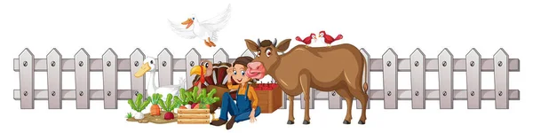 Farmer Animals Sitting Fence Illustration — Image vectorielle