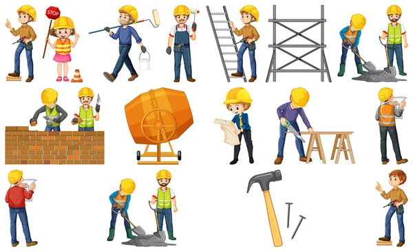 Set Construction Site Objects Workers Illustration — Stock Vector