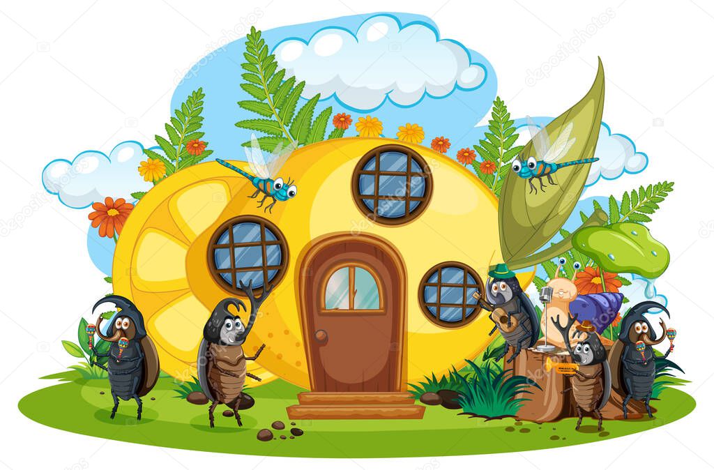 Fantasy lemon house with cartoon beetles illustration