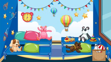 Anaokulu içi boş, içi çocuk oyuncakları resimleriyle dolu.