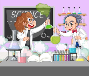 Bir bilim adamı deney laboratuarı çizimde