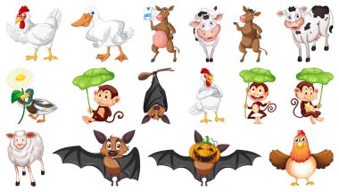 Beyaz arkaplandaki birçok çiftlik hayvanı