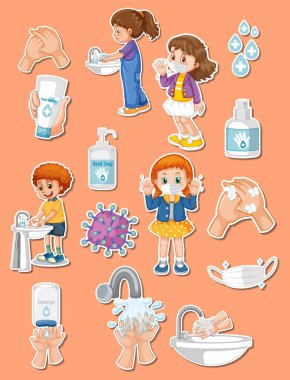Sticker set of covid19 and cartoon character illustration