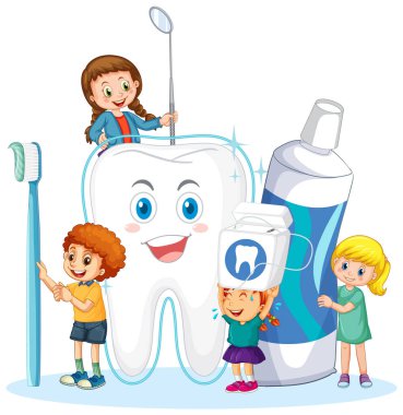 Happy children holding toothpaste toothbrush and floss on white background illustration