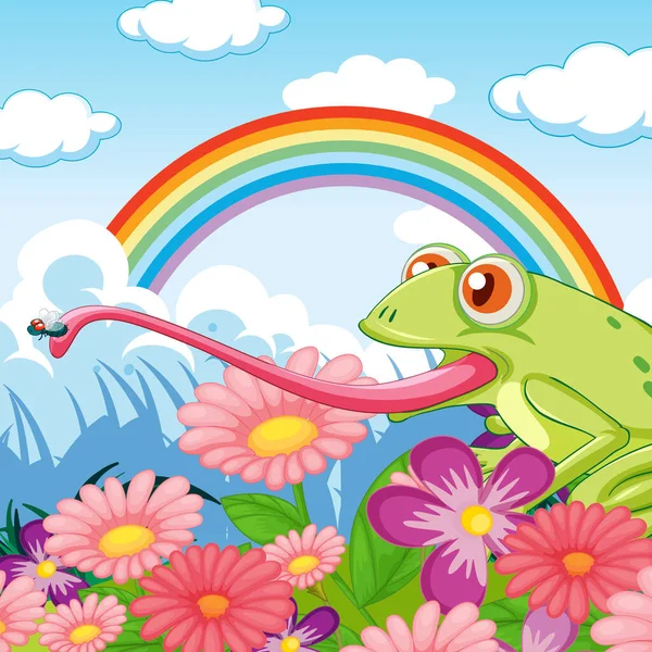 Flower Field Frog Catching Insect Illustration — Stockvektor