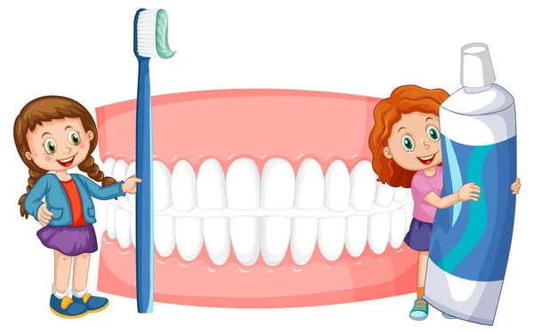 Barn Som Håller Tandkräm Och Tandborste Med Vita Tänder Vit — Stock vektor