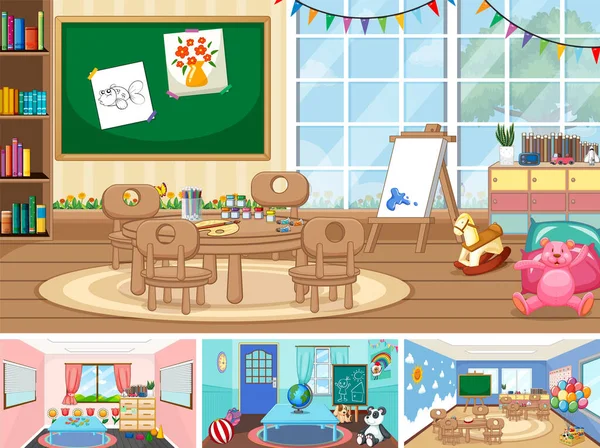 Set Different Kindergarten Classroom Scenes Illustration — Archivo Imágenes Vectoriales