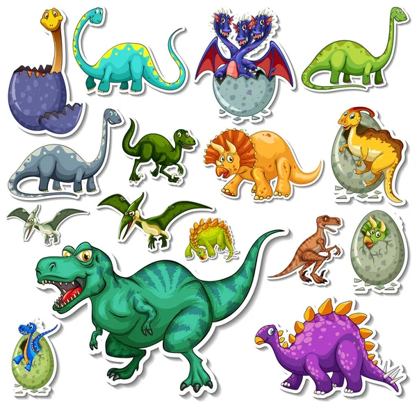 Sticker Set Different Dinosaurs Cartoon Illustration — Wektor stockowy