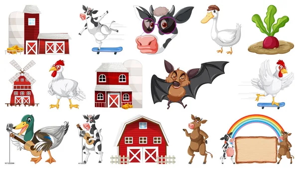 Many Barn Buildings Farm Animals Illustration — ストックベクタ