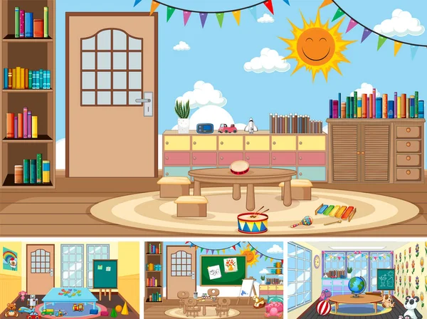 Set Different Kindergarten Classroom Scenes Illustration — Archivo Imágenes Vectoriales