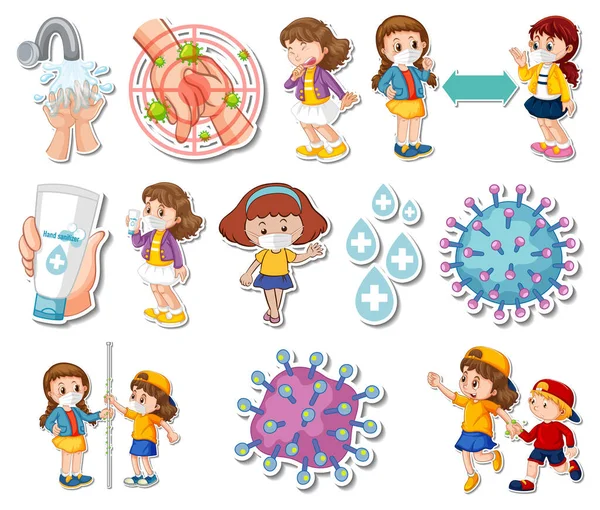 Sticker Set Covid19 Icons Cartoon Characters Illustration — Archivo Imágenes Vectoriales