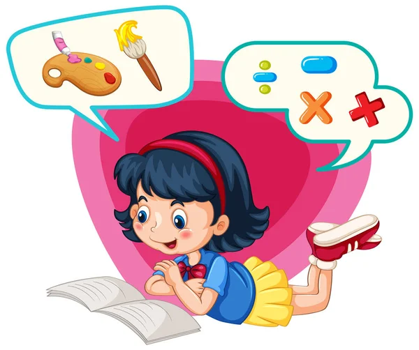 Girl Reading Book Arts Math Illustration — Stockvector